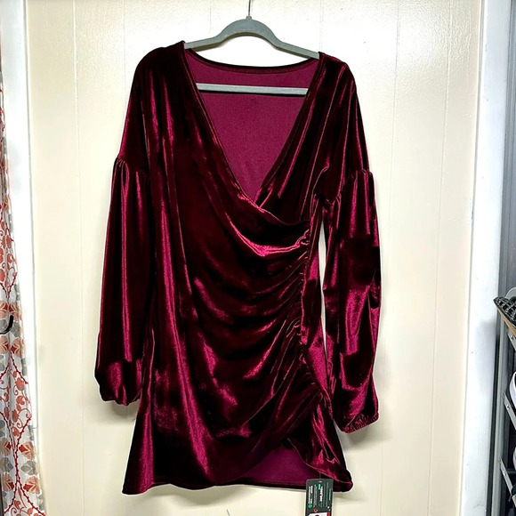 Elainone Off Shoulder Wrap V Neck Velvet Bodycon Dress Ruched Long Puff Sleeve - Picture 1 of 11